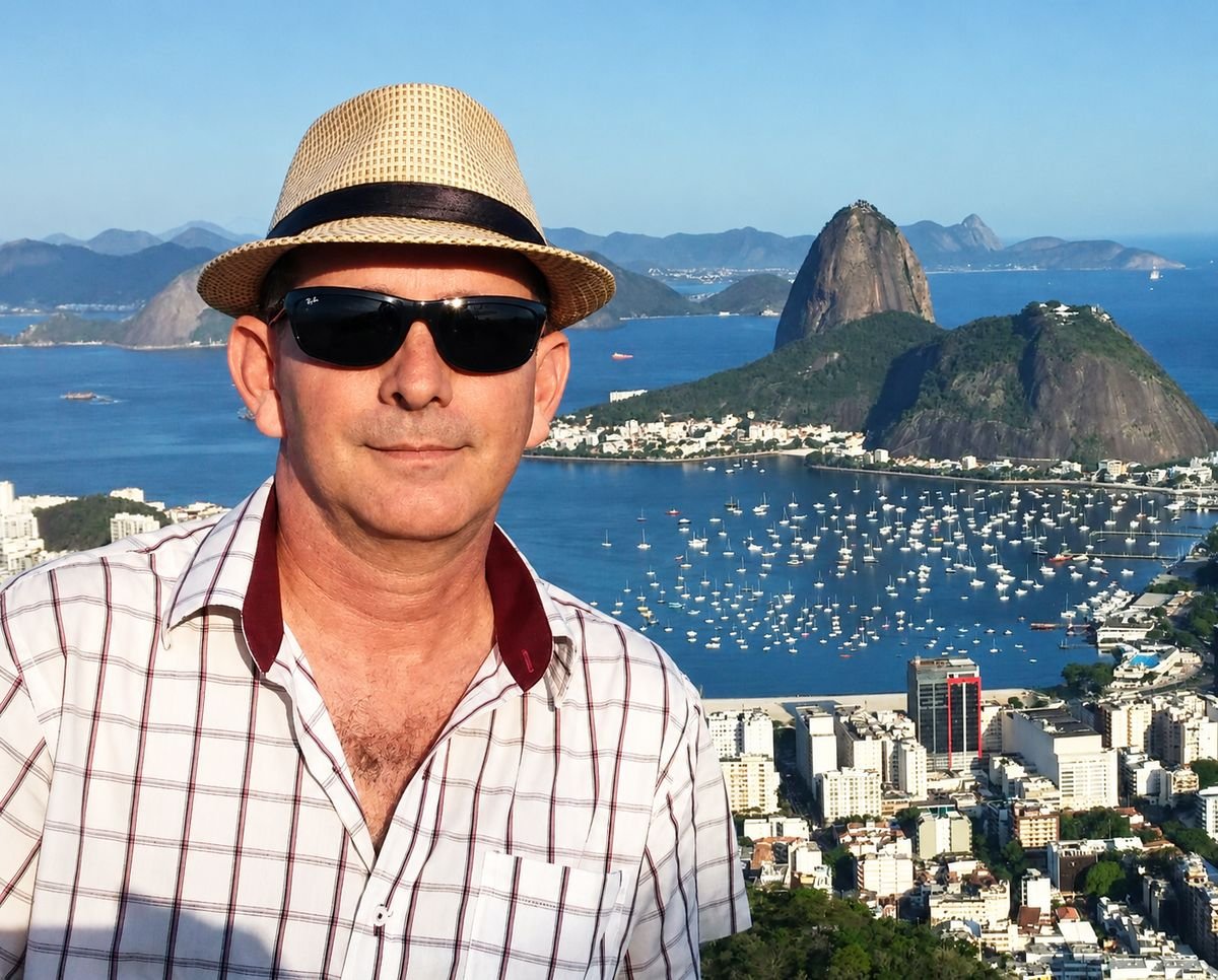 Marcio in a straw hat on a sunny day, with Sugarloaf Mountain and Botafogo Bay behind him