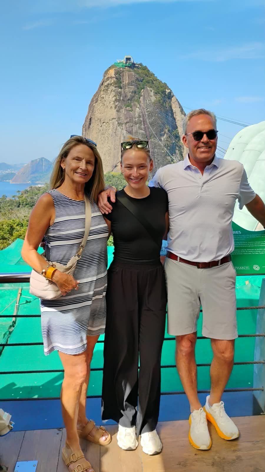 Travelers on a viewing deck with Sugarloaf Mountain behind them
